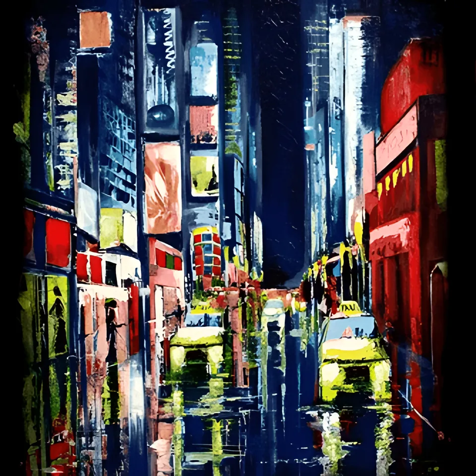 Colorful painting of a rainy city street with yellow taxis