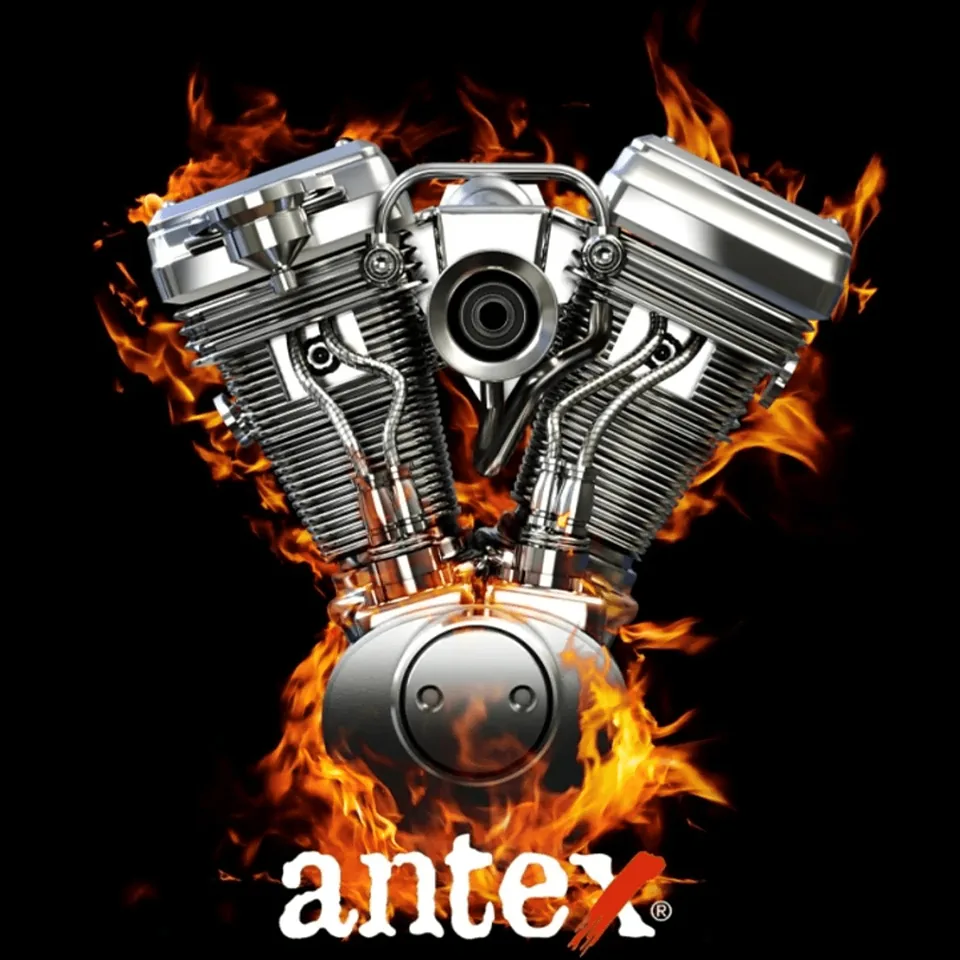 Engine illustration in flames with the antex logo