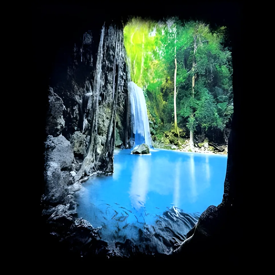 Waterfall and turquoise pool seen from a cave mouth