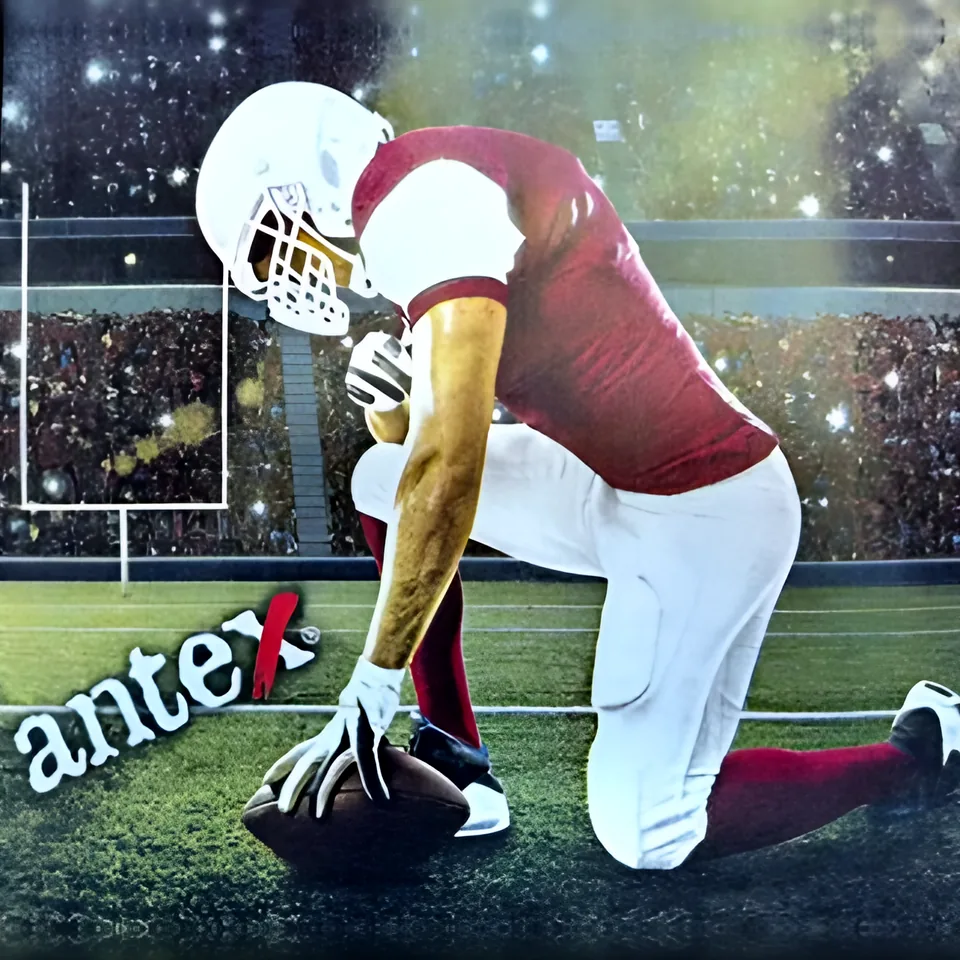 American football player kneeling on the field, antex logo on the grass