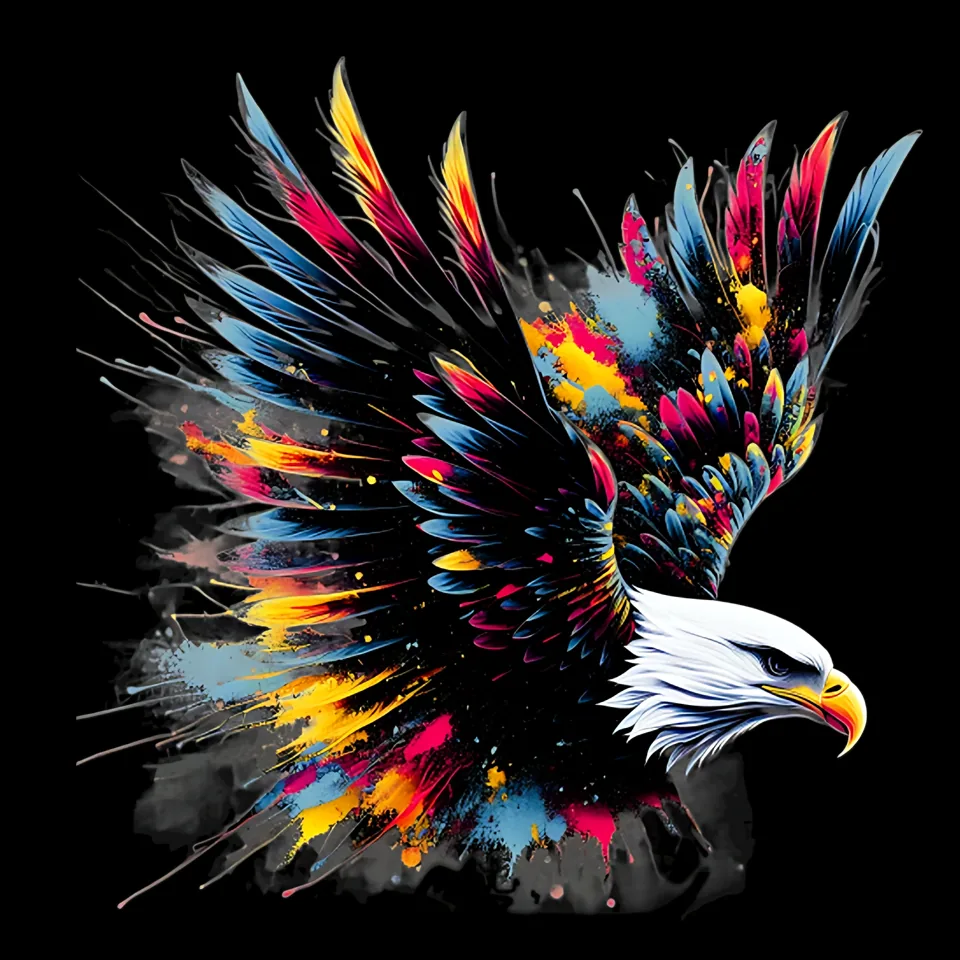 Eagle illustration with multicolored splash wings on a black background