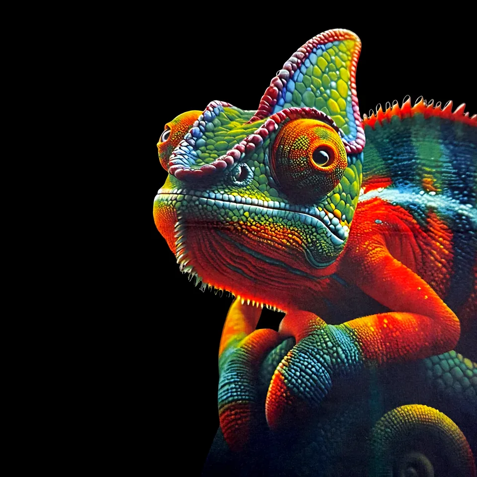 Multicolored chameleon on a black background
