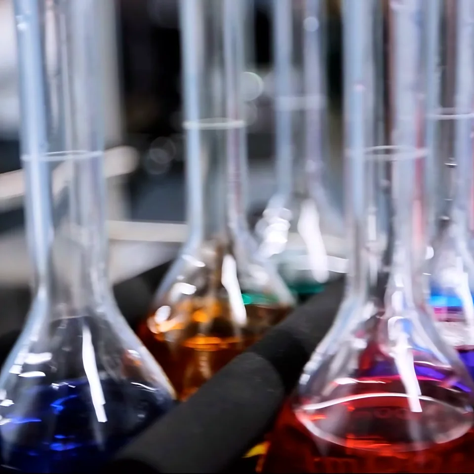 Laboratory flasks with colored liquids