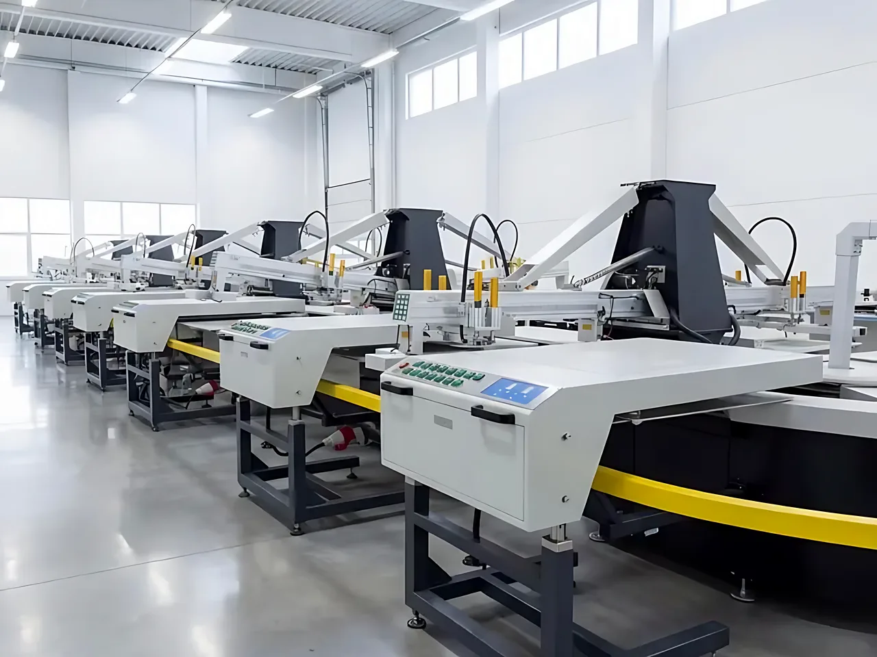 Rows of CLT SM45-85 oval garment printing machines in a bright white hall