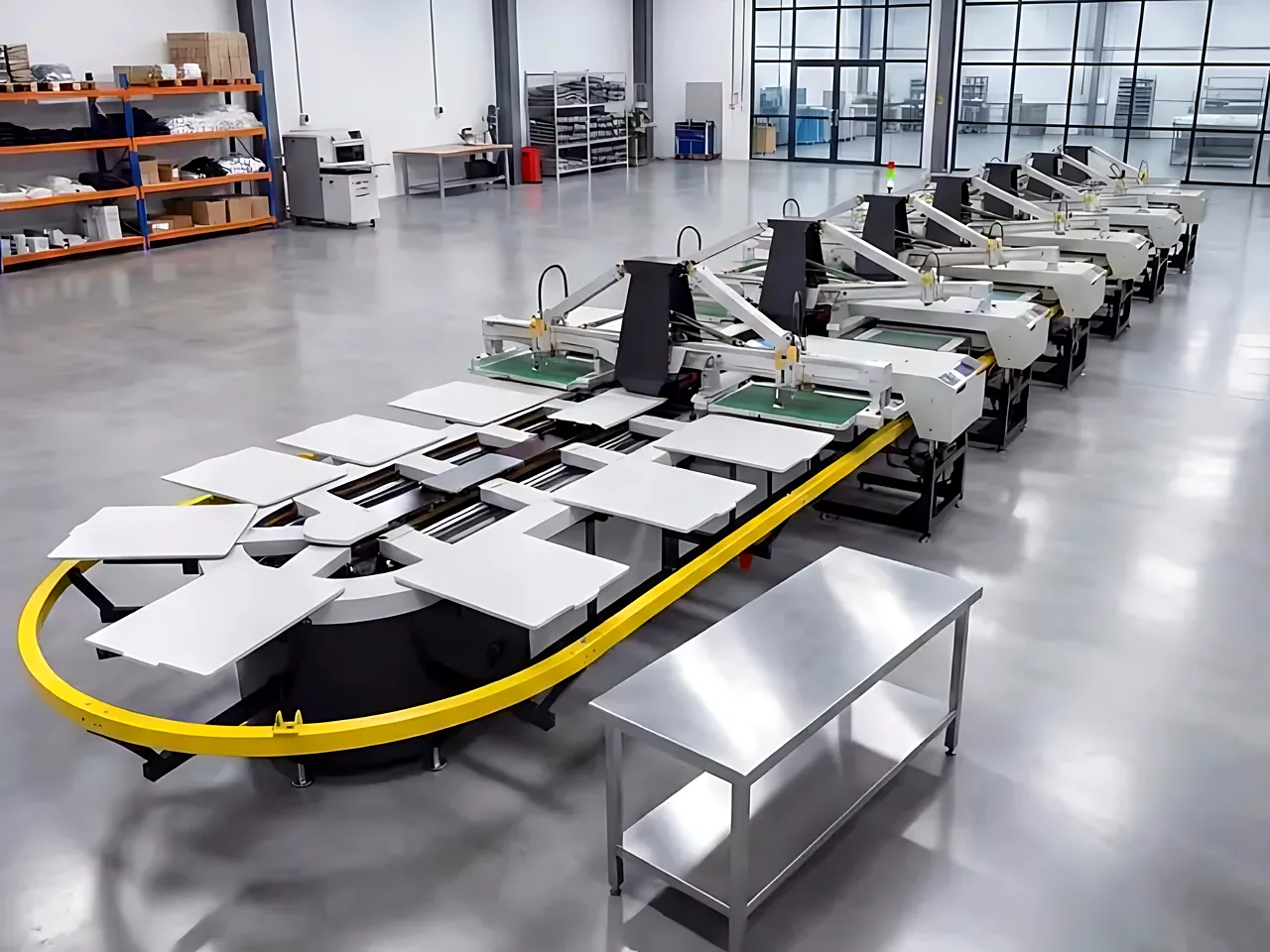 CLT SM70-95 oval garment printing machine with a stainless steel work table in a spacious workshop